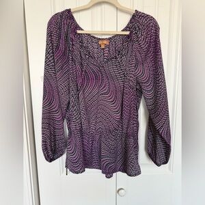 Purple and Black Blouson Tie Front Women's Top